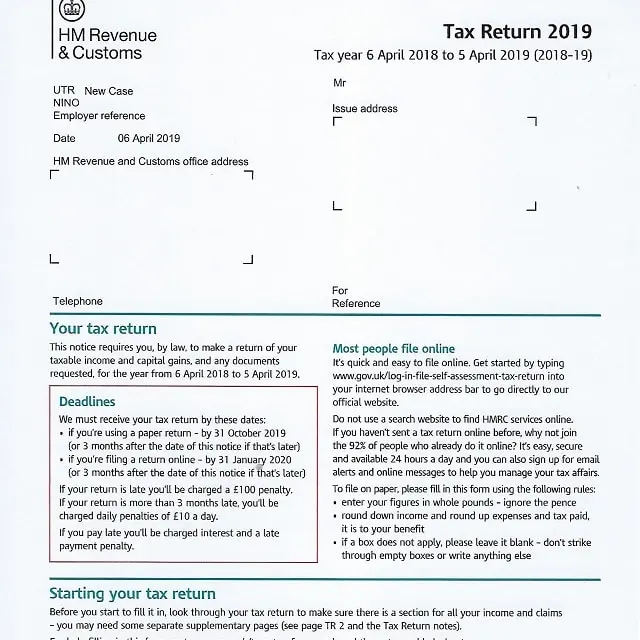 HMRC 2019 Tax Return Form