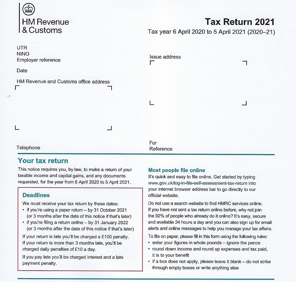 HMRC 2021 Paper Tax Return Form