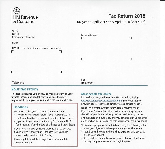 HMRC 2018 Tax Return Form