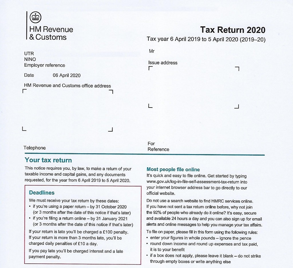 HMRC 2020 Paper Tax Return Form SA100