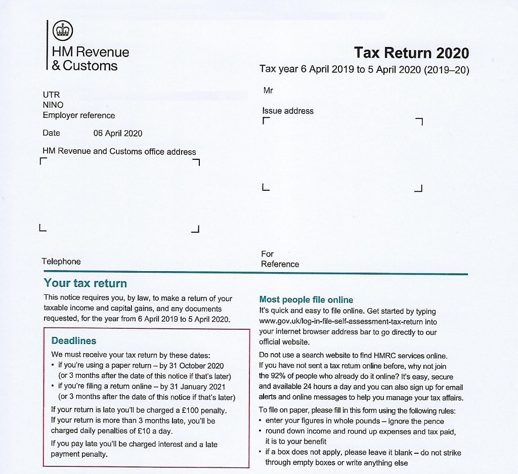 income tax form uk HMRC 1 Tax Return Form SA1