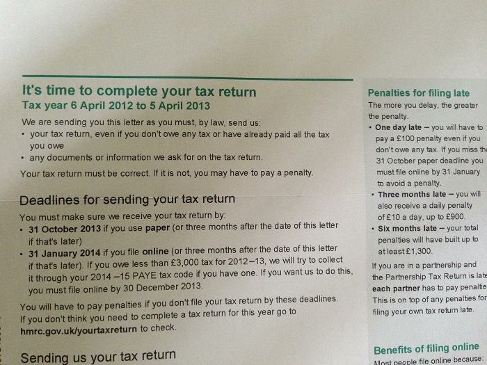 HMRC Self Assessment notice to complete a tax return